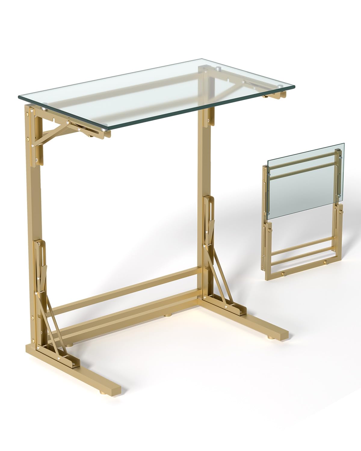 Tatub 24" Folding TV Tray Table, Glass C Shaped End Table for Couch, Small Sofa-Side Laptop Desk with Black Metal Frame for Living Room, Bedroom, Bedside