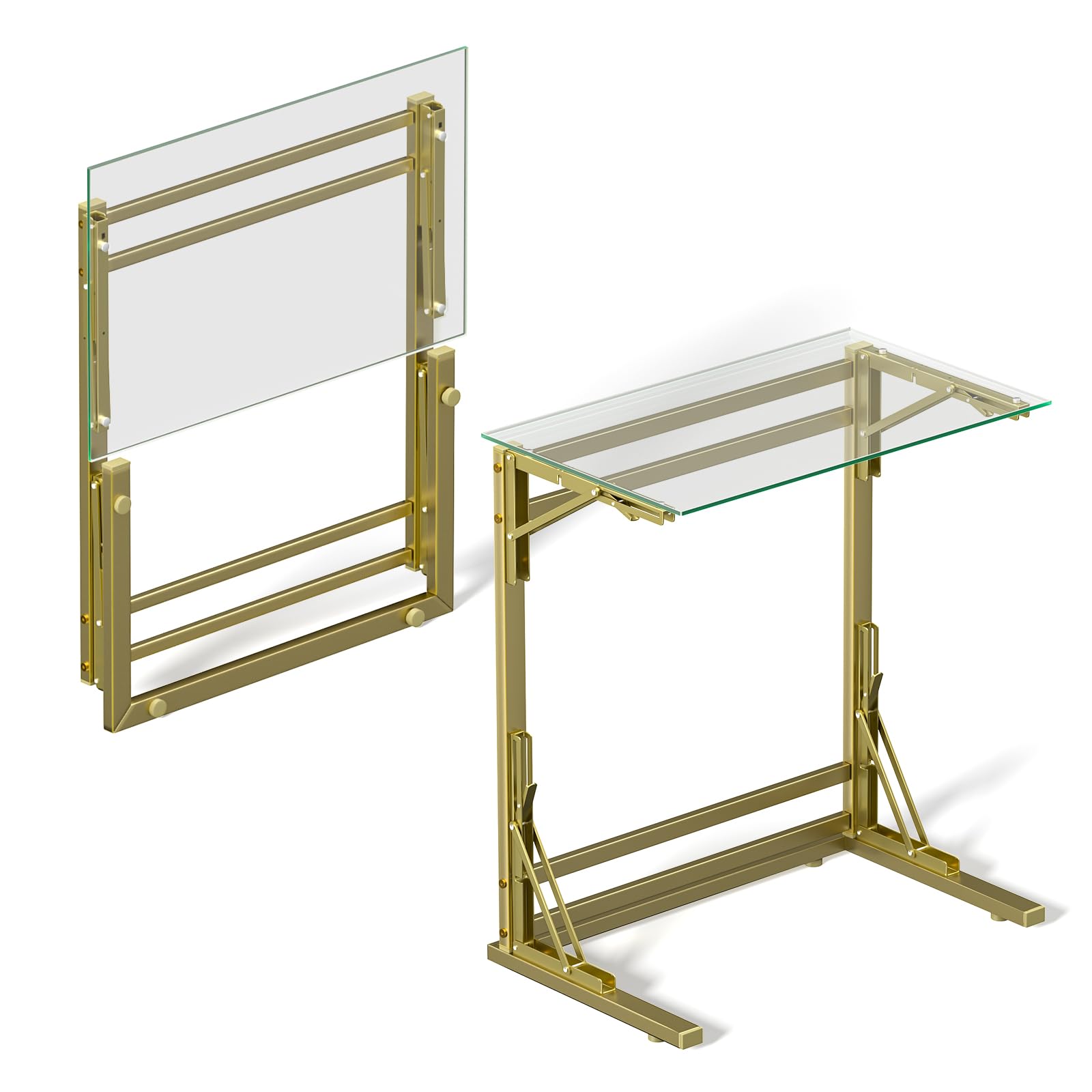 Tatub 24" Folding TV Tray Table, Glass C Shaped End Table for Couch, Small Sofa-Side Laptop Desk with Black Metal Frame for Living Room, Bedroom, Bedside