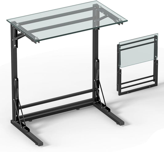 Tatub 24" Folding TV Tray Table, Glass C Shaped End Table for Couch, Small Sofa-Side Laptop Desk with Black Metal Frame for Living Room, Bedroom, Bedside