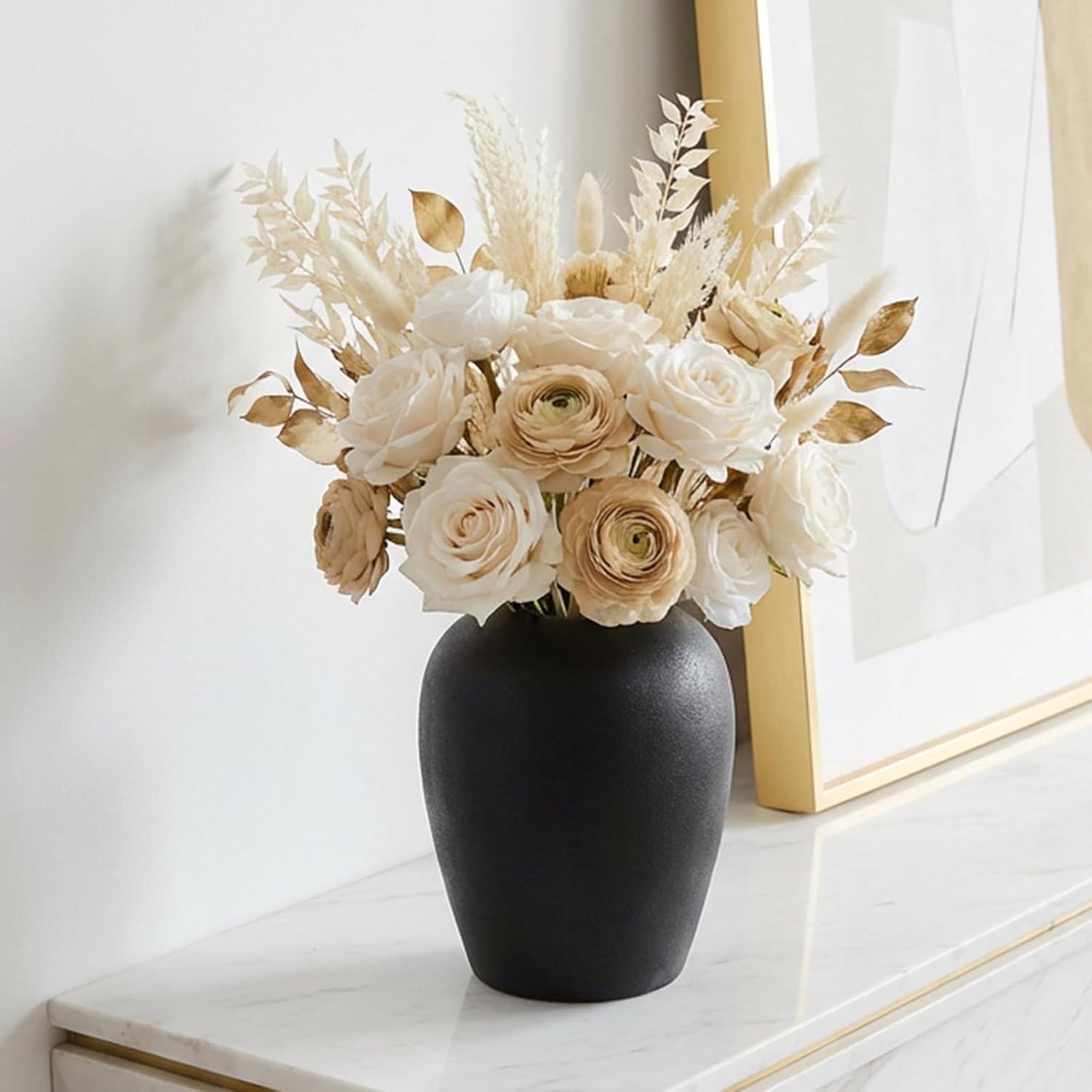 DN DECONATION Flower Vase, Black Ceramic Vases for Home Decor, 7.4” Textured Surface Vase for Bouquet, Boho Farmhouse Decor for Table, Living Room Wedding Women Spring Aesthetic