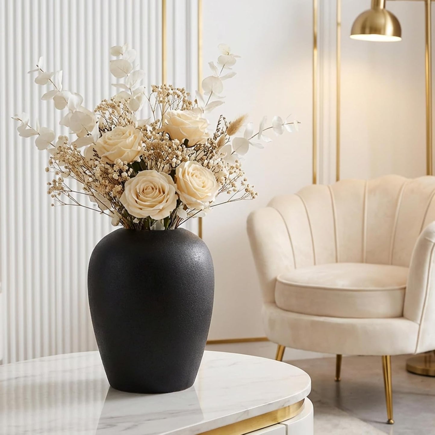 DN DECONATION Flower Vase, Black Ceramic Vases for Home Decor, 7.4” Textured Surface Vase for Bouquet, Boho Farmhouse Decor for Table, Living Room Wedding Women Spring Aesthetic