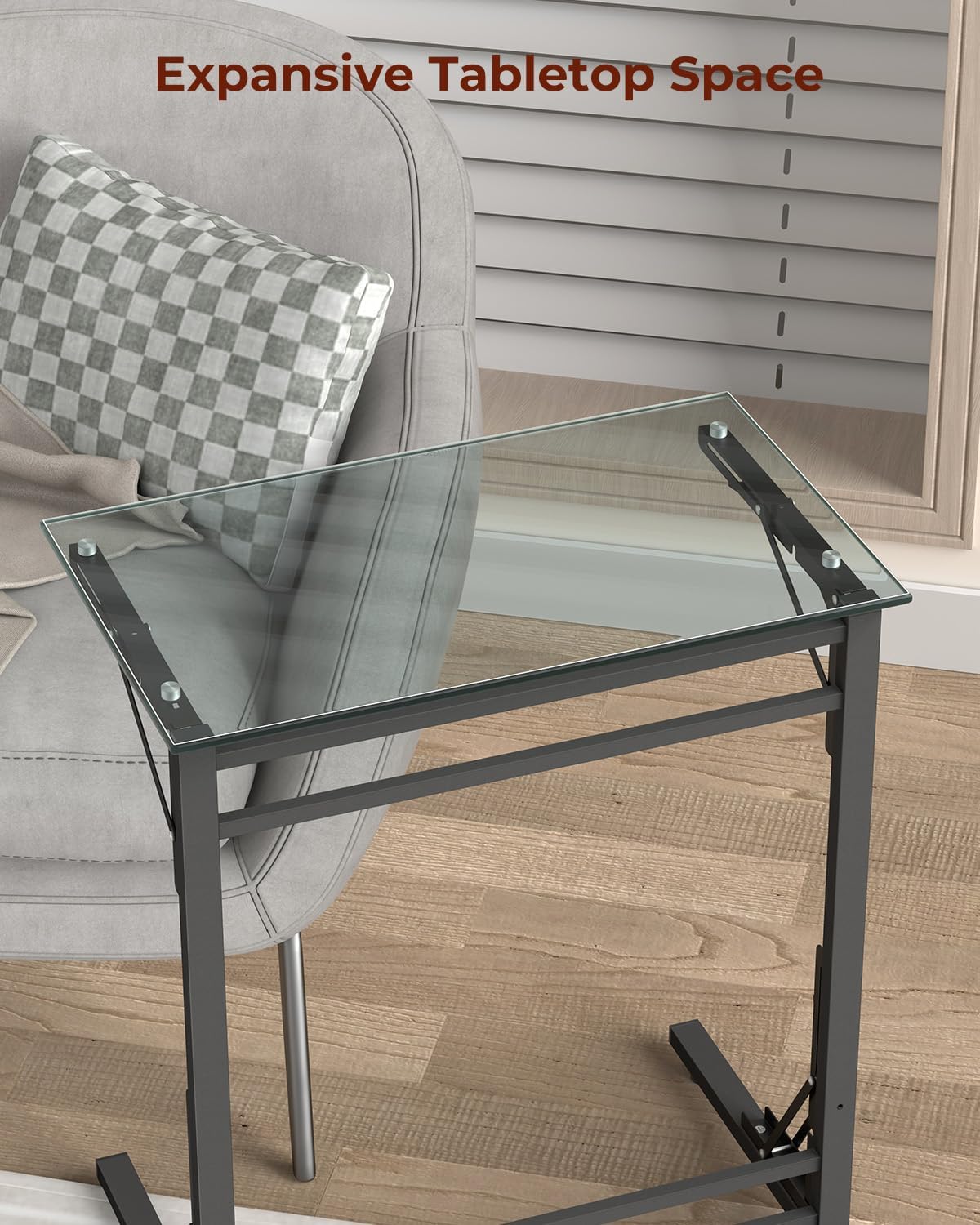 Tatub 24" Folding TV Tray Table, Glass C Shaped End Table for Couch, Small Sofa-Side Laptop Desk with Black Metal Frame for Living Room, Bedroom, Bedside