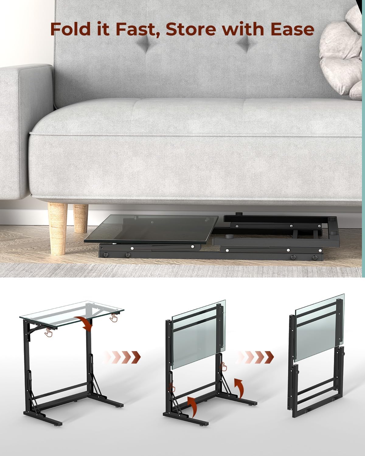 Tatub 24" Folding TV Tray Table, Glass C Shaped End Table for Couch, Small Sofa-Side Laptop Desk with Black Metal Frame for Living Room, Bedroom, Bedside