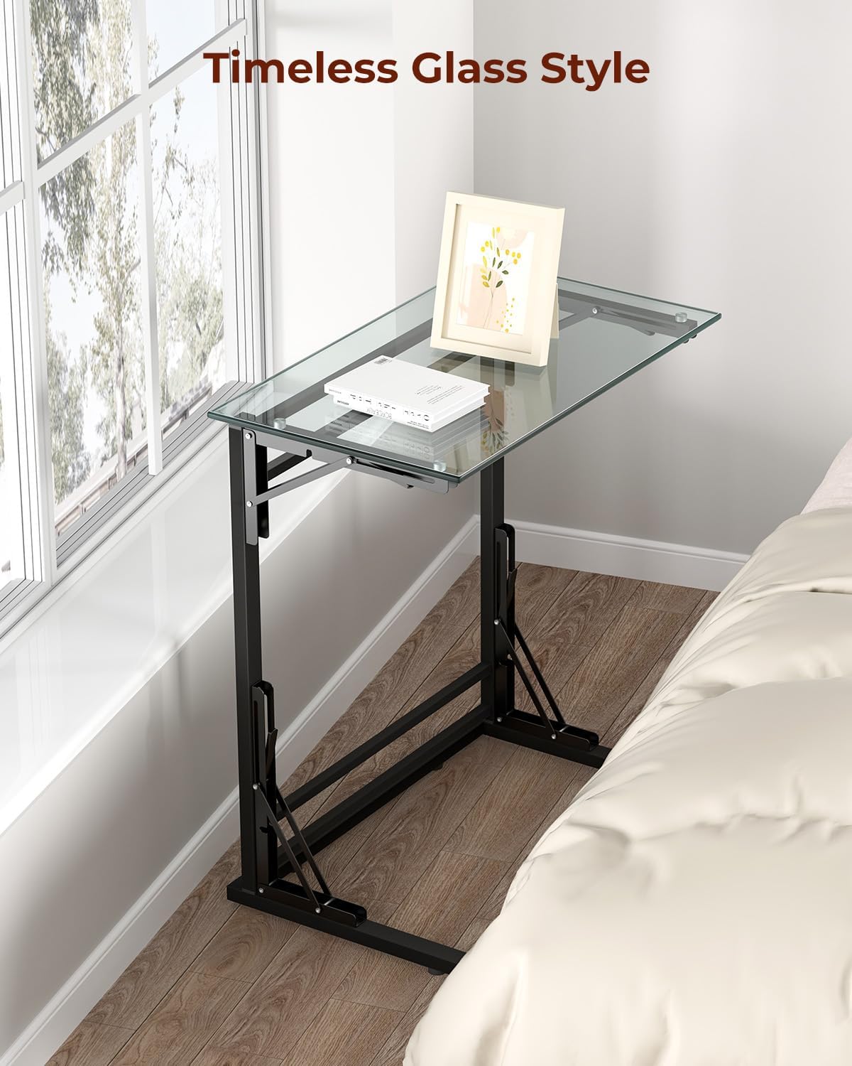 Tatub 24" Folding TV Tray Table, Glass C Shaped End Table for Couch, Small Sofa-Side Laptop Desk with Black Metal Frame for Living Room, Bedroom, Bedside