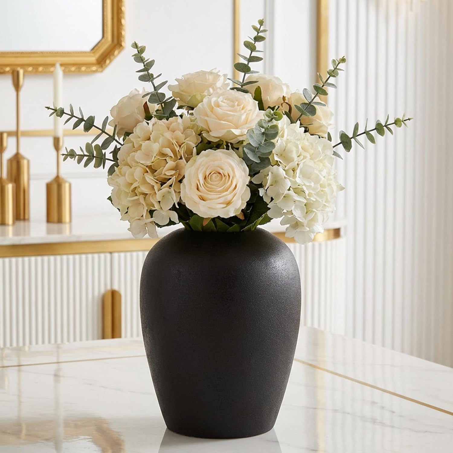 DN DECONATION Flower Vase, Black Ceramic Vases for Home Decor, 7.4” Textured Surface Vase for Bouquet, Boho Farmhouse Decor for Table, Living Room Wedding Women Spring Aesthetic