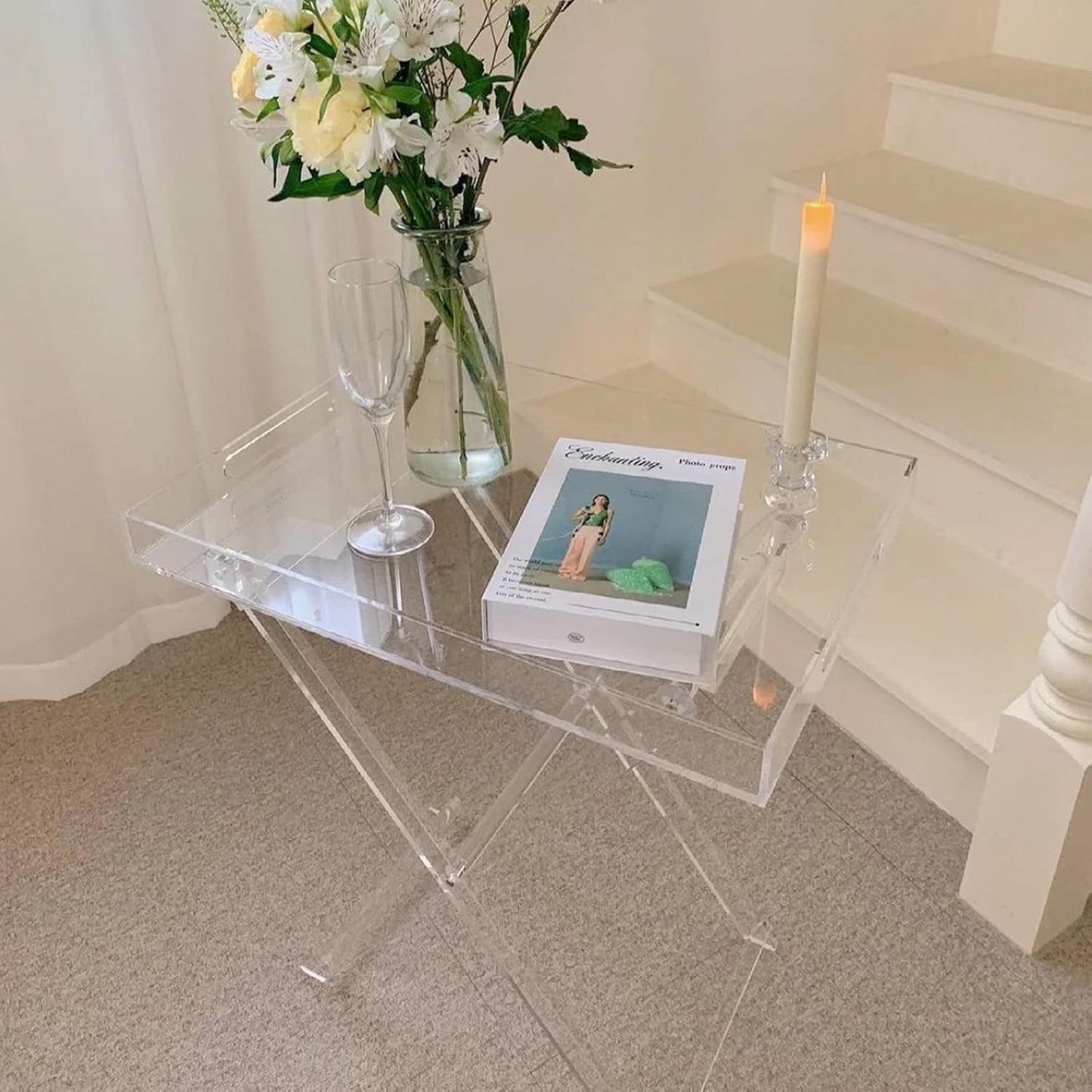 Acrylic Table - Folding Tray Tables - Clear Acrylic Tv Tray Table,Small Desk Coffee Table for Bedroom,Living Room(11.8 * 18.9 * 23.6in)