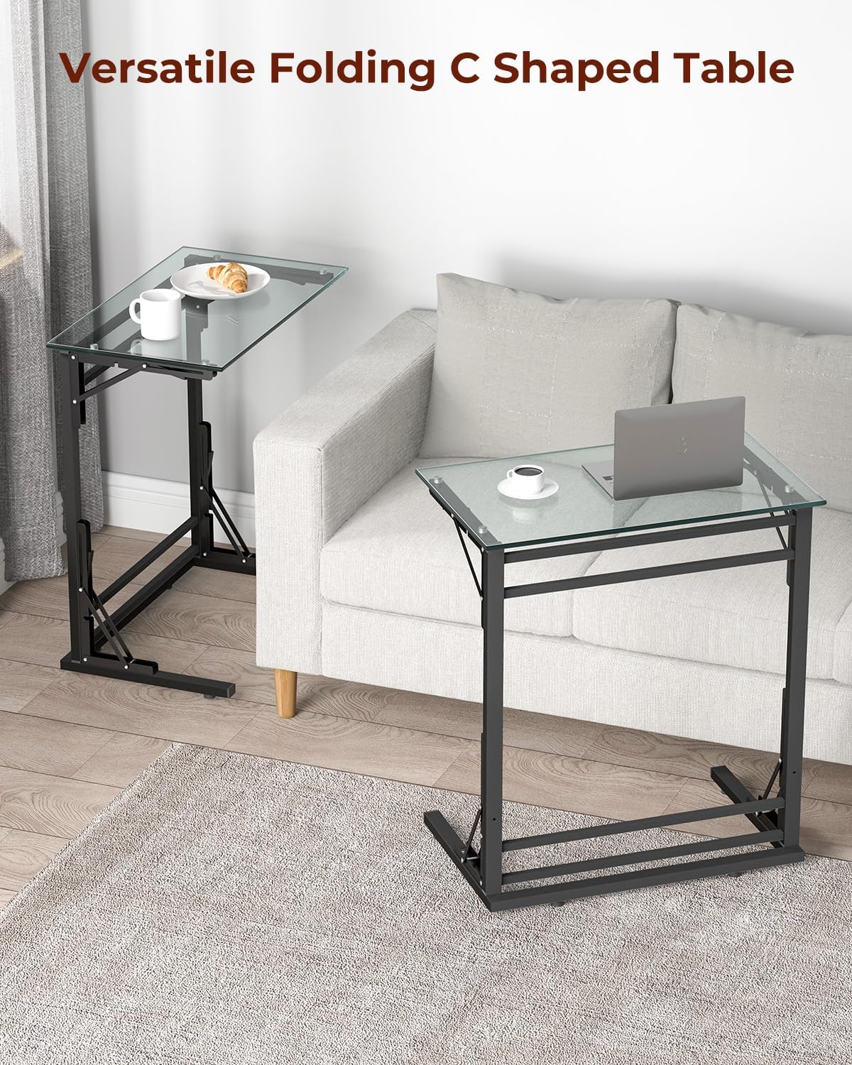 Tatub 24" Folding TV Tray Table, Glass C Shaped End Table for Couch, Small Sofa-Side Laptop Desk with Black Metal Frame for Living Room, Bedroom, Bedside