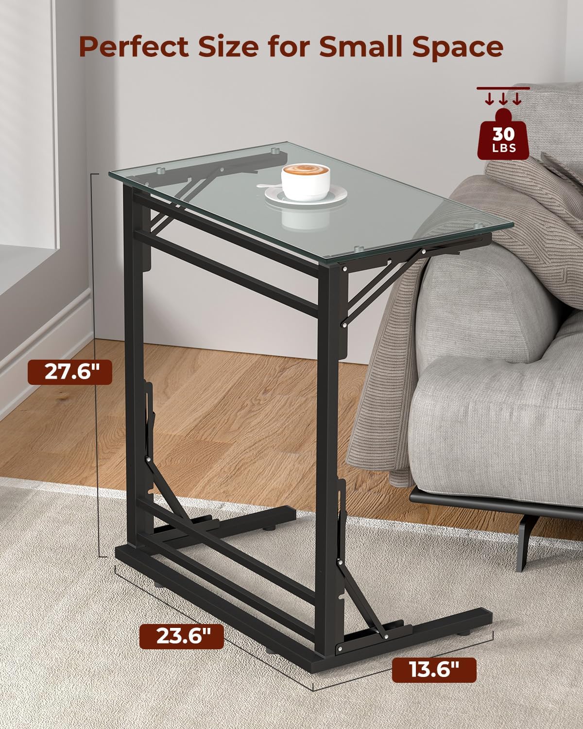Tatub 24" Folding TV Tray Table, Glass C Shaped End Table for Couch, Small Sofa-Side Laptop Desk with Black Metal Frame for Living Room, Bedroom, Bedside