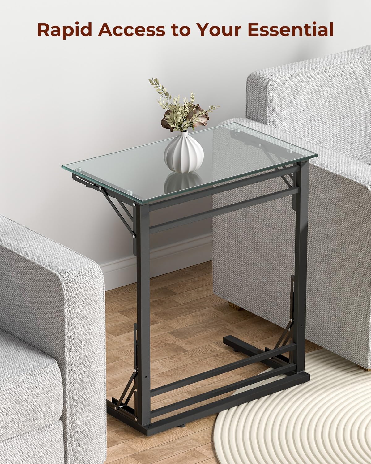 Tatub 24" Folding TV Tray Table, Glass C Shaped End Table for Couch, Small Sofa-Side Laptop Desk with Black Metal Frame for Living Room, Bedroom, Bedside